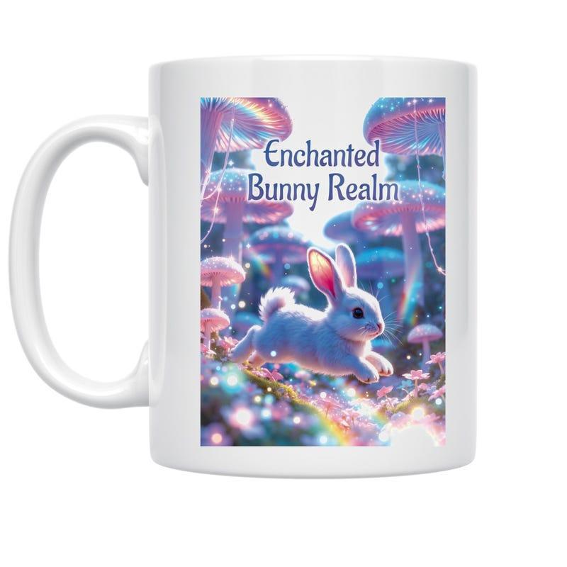Tailorly White Ceramic 11 oz Mug - Enchanted Bunny Realm Magical White Rabbit Jumping Through Glowing Giant Mushroom Forest With Sparkles Bunny