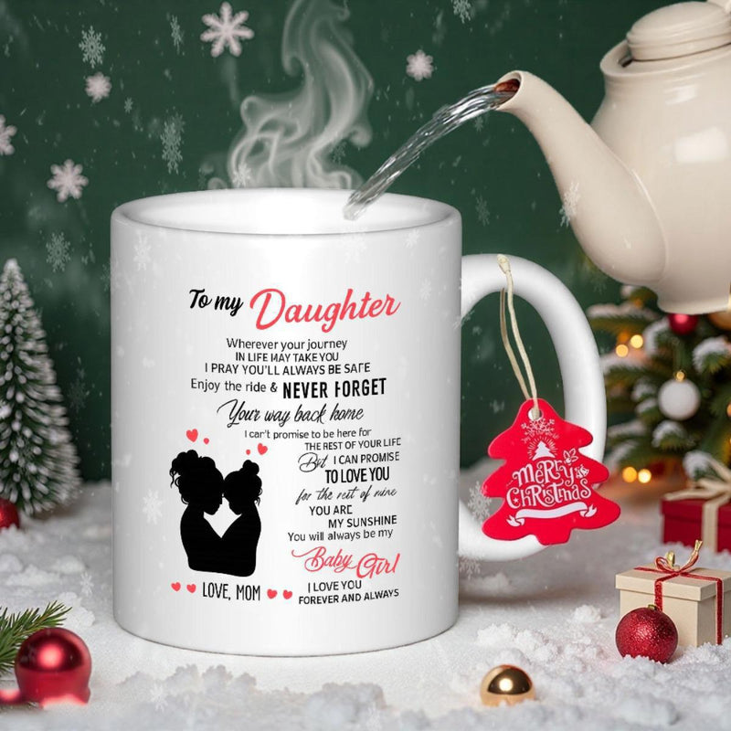 Tailorly White Ceramic 11 oz Mug - To My Daughter Never Forget Love Mom My Sunshine Artistic Hand Drawn Silhouette Depicting Mother And Daughter Within Floating