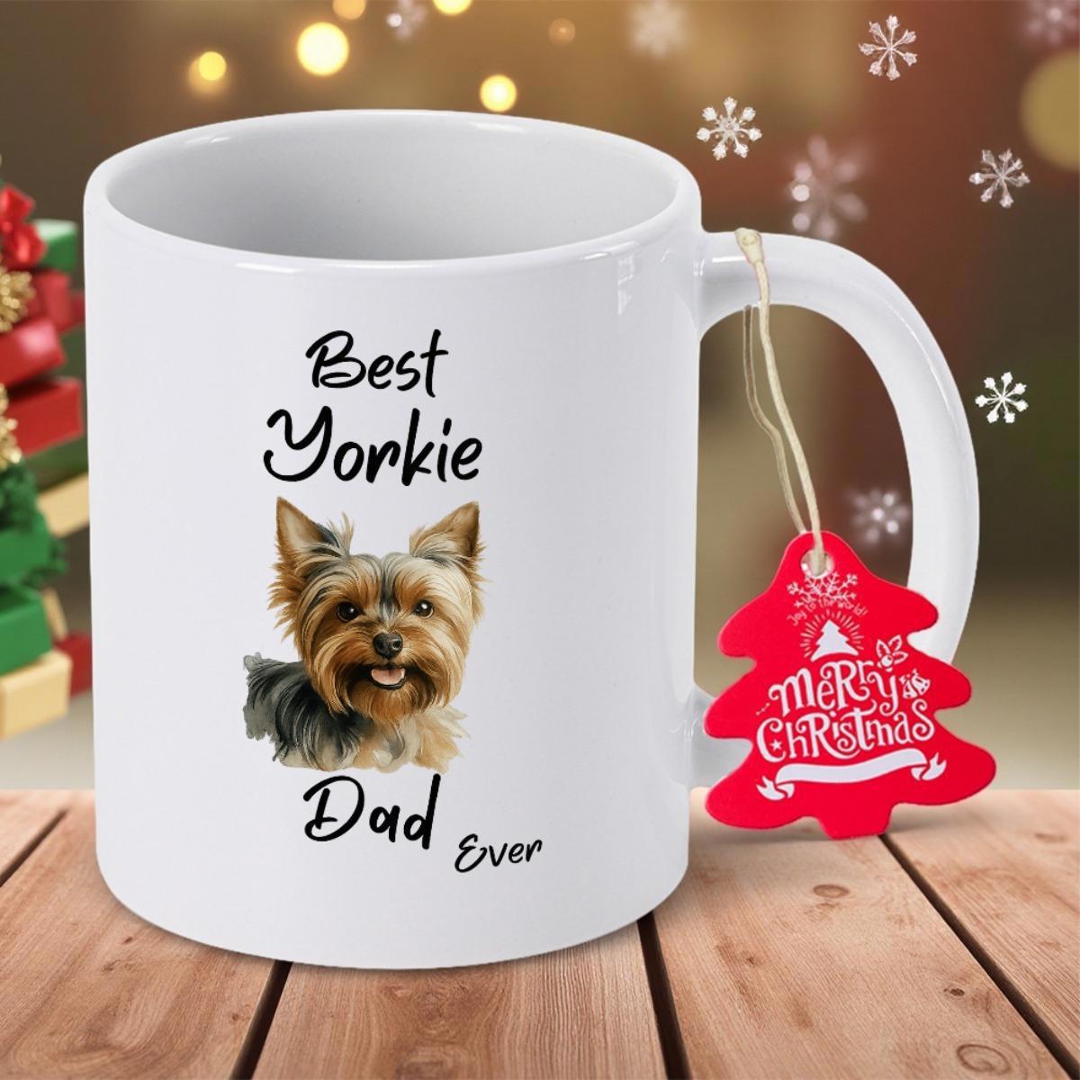 Tailorly White Ceramic 11 oz Mug - Best Yorkie Dad Ever Adorable Small Fluffy Dog Portrait With Realistic Fur Texture Yorkie