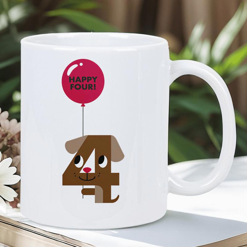 Tailorly White Ceramic 11 oz Mug - Happy Four Cute Stylized Brown Number Four Holding A Vibrant Pink Balloon Dog