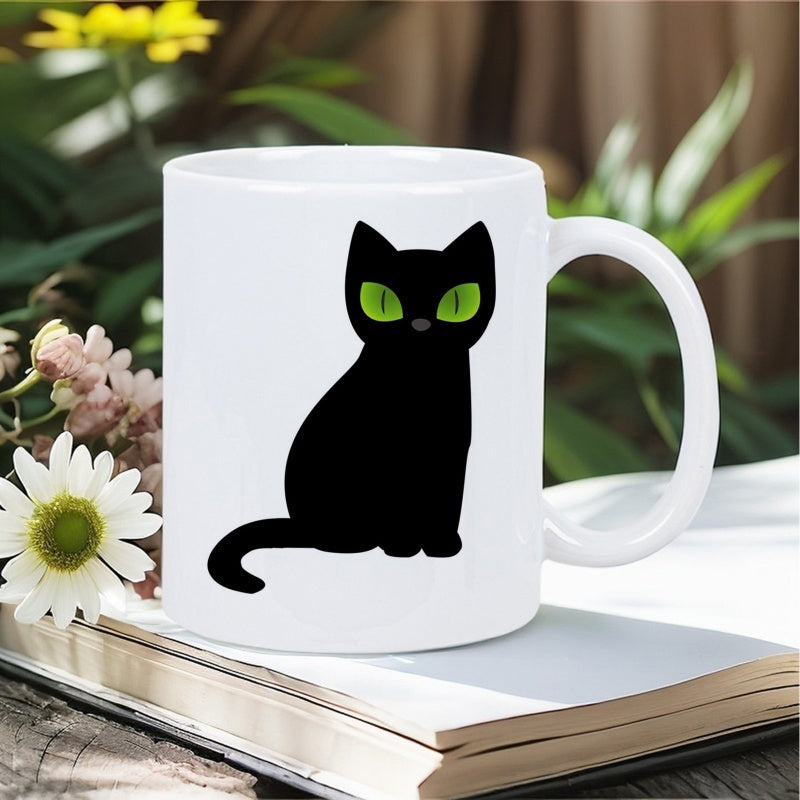 Tailorly White Ceramic 11 oz Mug - Sleek Black Silhouette With Striking Emerald Green Eyes Sitting Calmly Cat