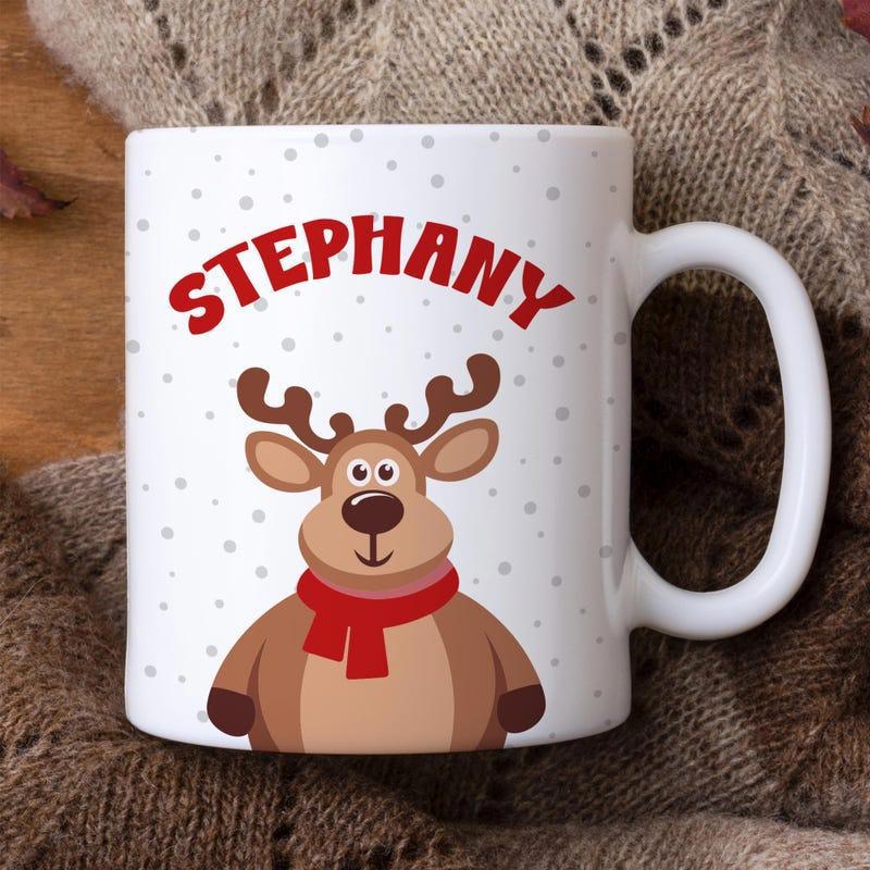 Tailorly White Ceramic 11 oz Mug - Stephany Cute Cartoon Design With Red Scarf Under Soft Falling Winter Snow Reindeer