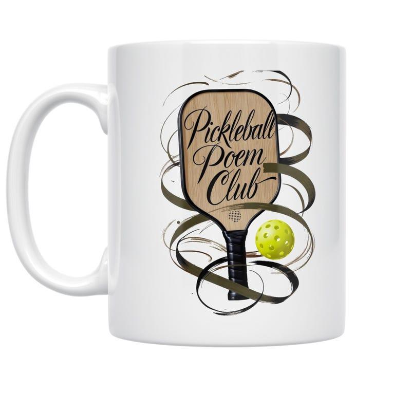 Tailorly White Ceramic 11 oz Mug - Pickleball Poem Club Wooden Texture Surface With Vibrant Yellow Ball And Dark Swirling Lines Paddle