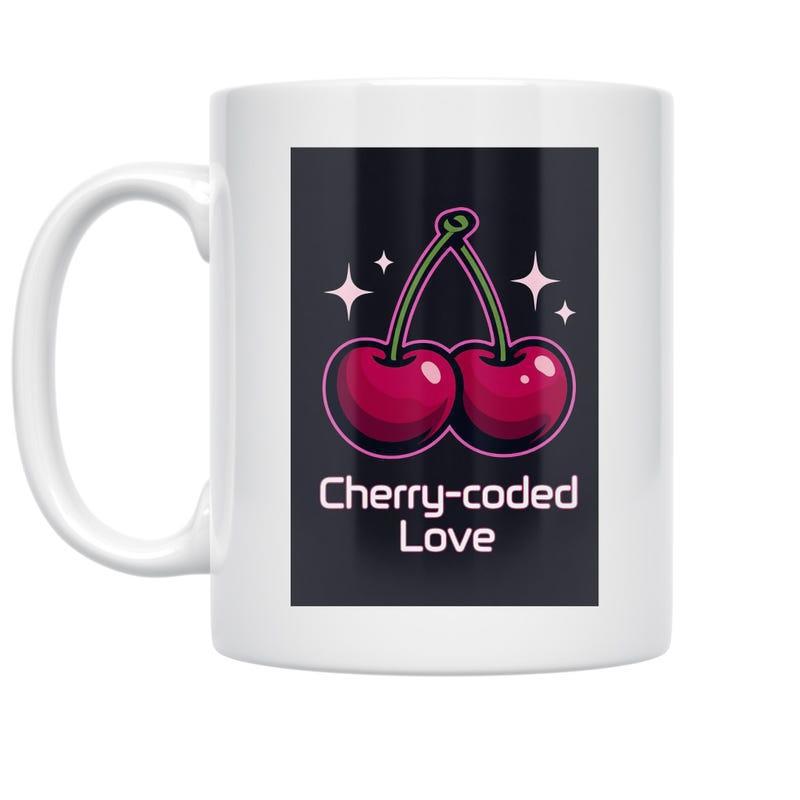 Tailorly White Ceramic 11 oz Mug - Cherry Coded Love Glossy Red Twin Fruit With Sparkling Stars On Dark Background Cherry