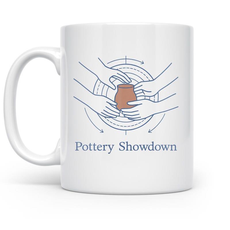 Tailorly White Ceramic 11 oz Mug - Pottery Showdown Multiple Artistic Hands Shaping Brown Clay On A Spinning Platform Pottery