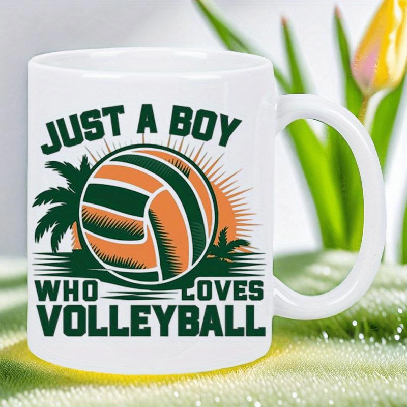 Tailorly White Ceramic 11 oz Mug - Just A Boy Who Loves Volleyball Tropical Palm Trees With Radiant Sunset Behind A Sporting Retro Design Volleyball