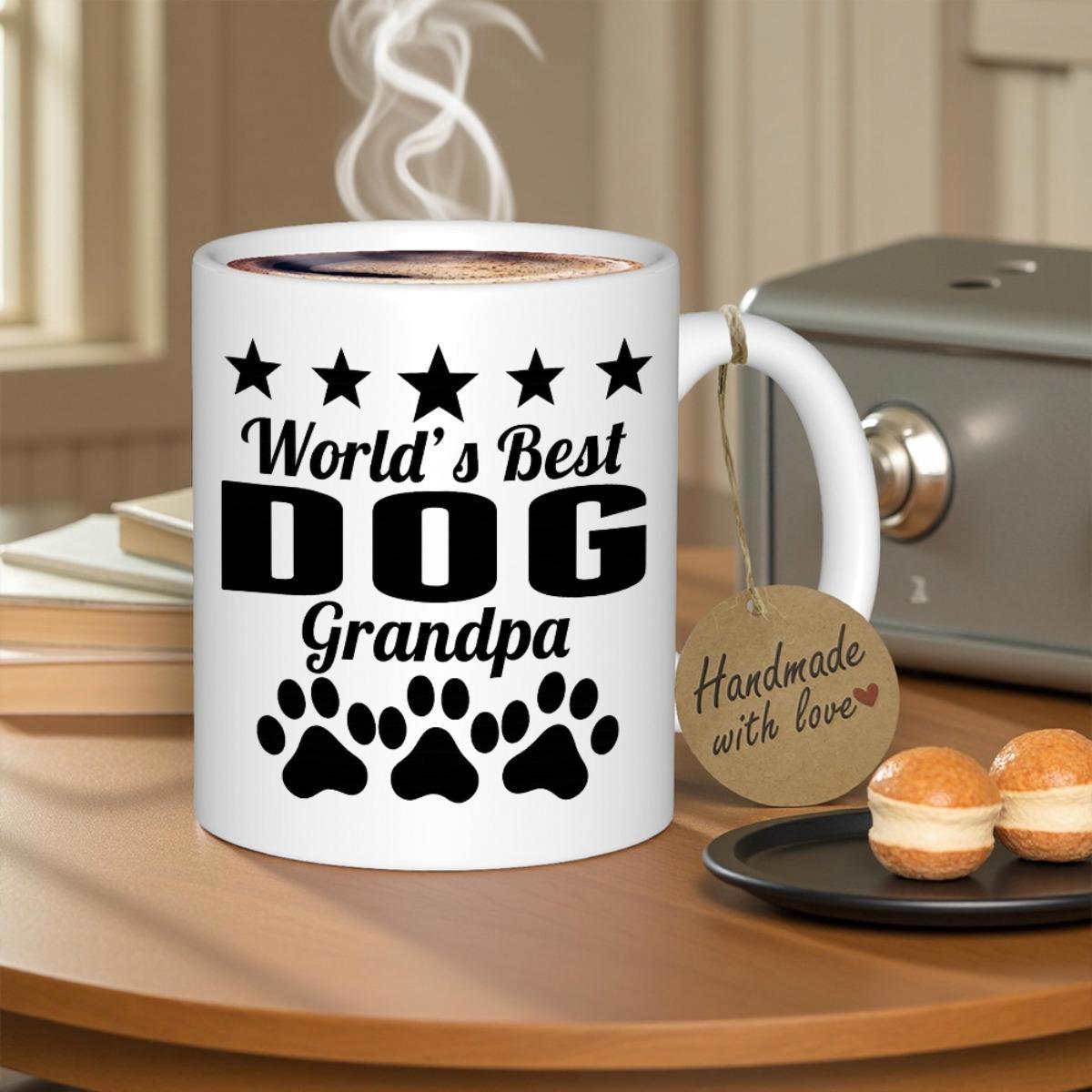 Tailorly White Ceramic 11 oz Mug - World's Best Dog Grandpa Minimalist Black Five Pointed Stars With Adorable Canine Paw Prints Mug