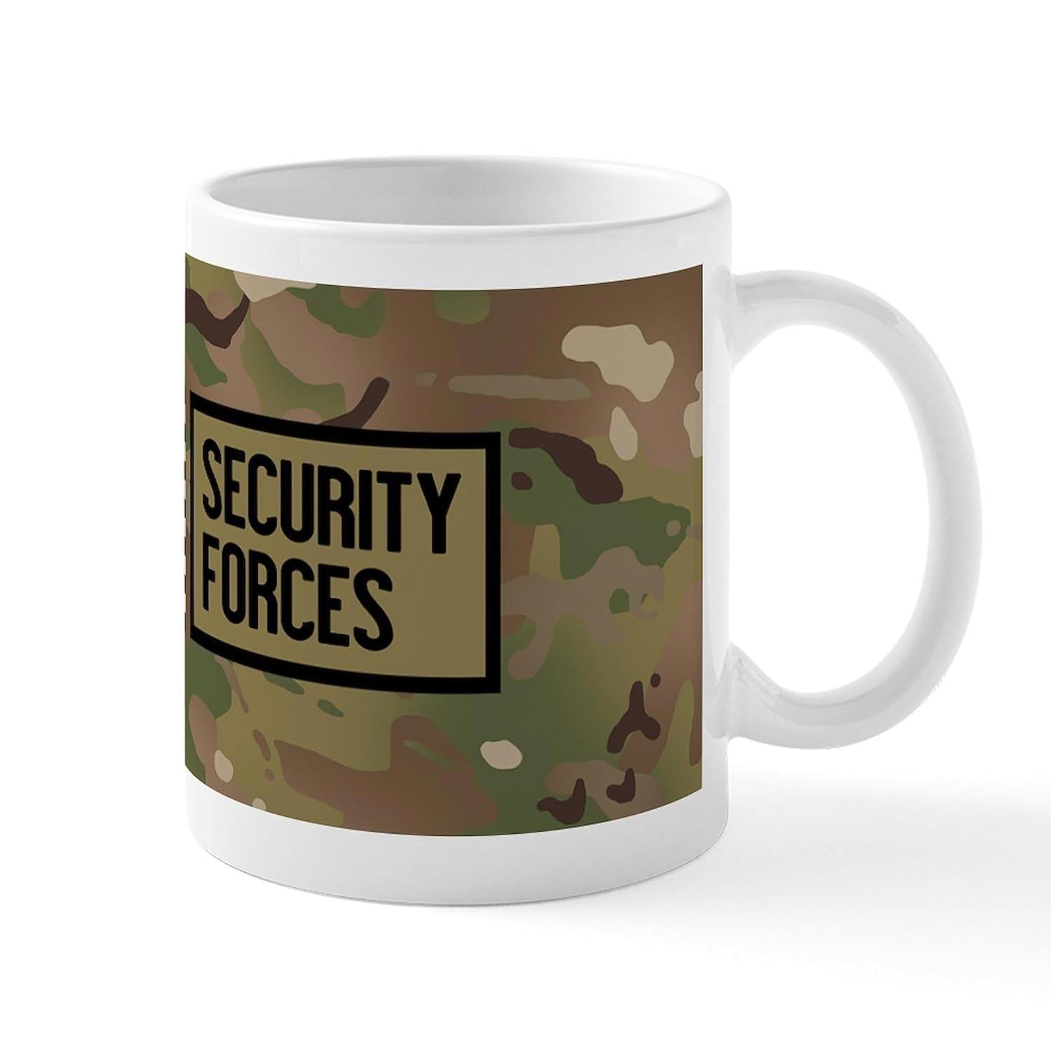 Tailorly White Ceramic 11 oz Mug - Security Forces Tactical Camouflage Design Displaying Earth Tones With A Bold Bordered Graphic Mug