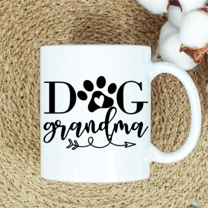 Tailorly White Ceramic 11 oz Mug - Dog Grandma Stylized Black Animal Footprint With Delicate White Heart And Decorative Swirling Arrow Paw Print