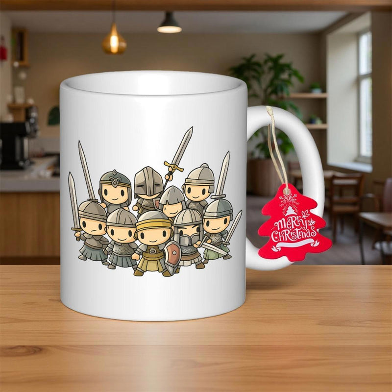 Tailorly White Ceramic 11 oz Mug - Small Chibi Style Brave Warriors Wearing Silver Armor Holding Sharp Swords Knights