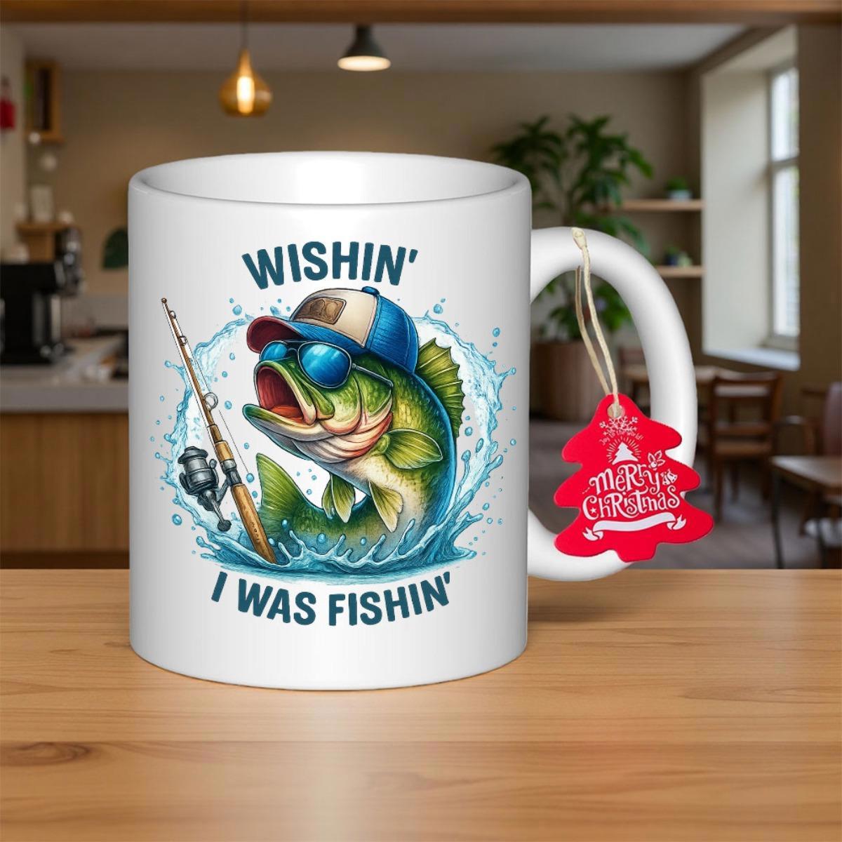Tailorly White Ceramic 11 oz Mug - Wishin I Was Fishin Vibrant Green Bass Wearing Sunglasses And Hat Splashing In Water Fish