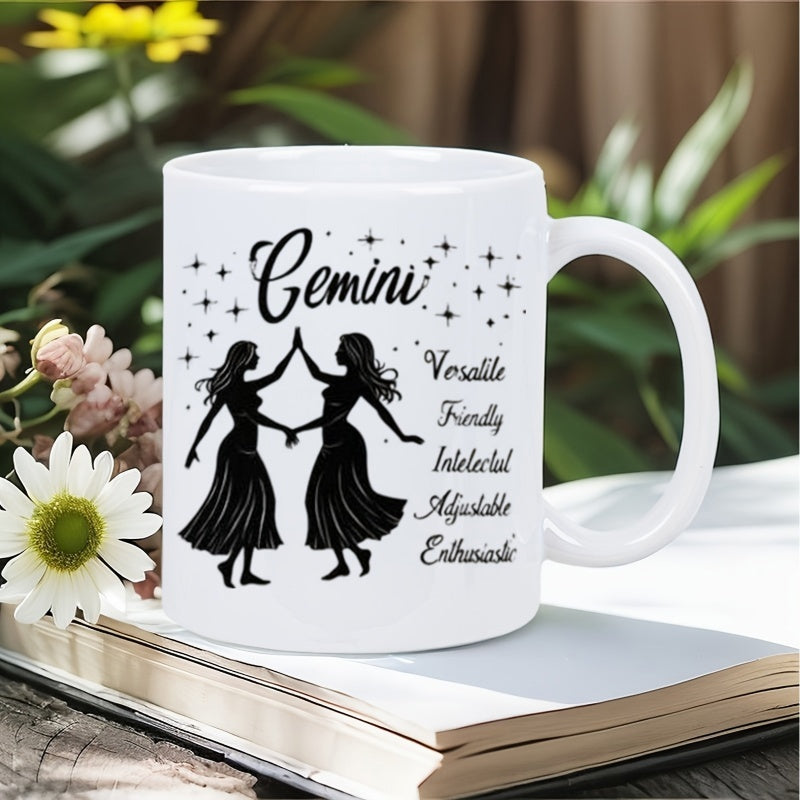 Tailorly White Ceramic 11 oz Mug - Gemini Versatile Friendly Intellectual Adjustable Enthusiastic Twin Female Silhouettes Holding Hands Surrounded By Shimmering