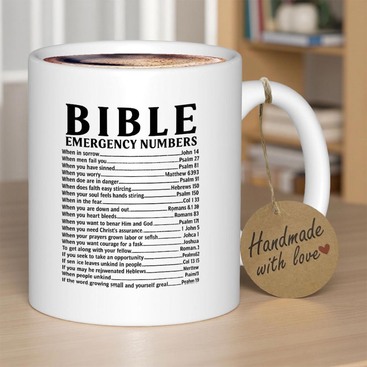 Tailorly White Ceramic 11 oz Mug - Bible Emergency Numbers Minimalist Typography Design Featuring Sacred Religious Scripture Reference List