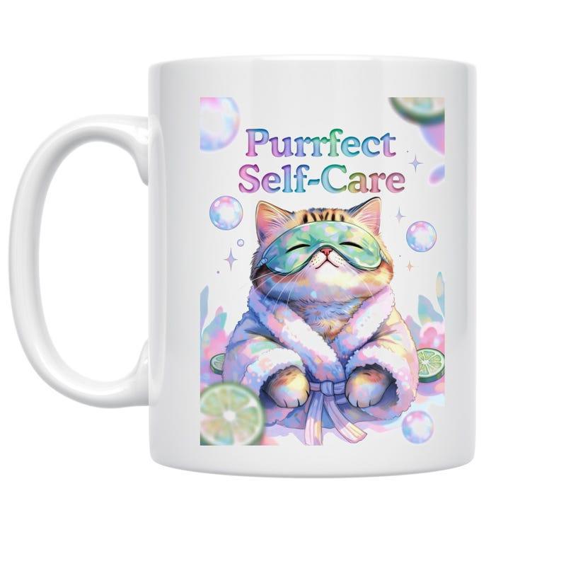 Tailorly White Ceramic 11 oz Mug - Purrfect Self Care Adorable Watercolor Fluffy Feline In Spa Robe With Sleep Mask Cat