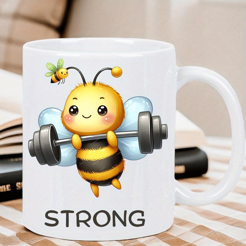 Tailorly White Ceramic 11 oz Mug - Strong Adorable Flying Insect Lifting Heavy Iron Barbell Weightlifting Under A Small Flying Bee