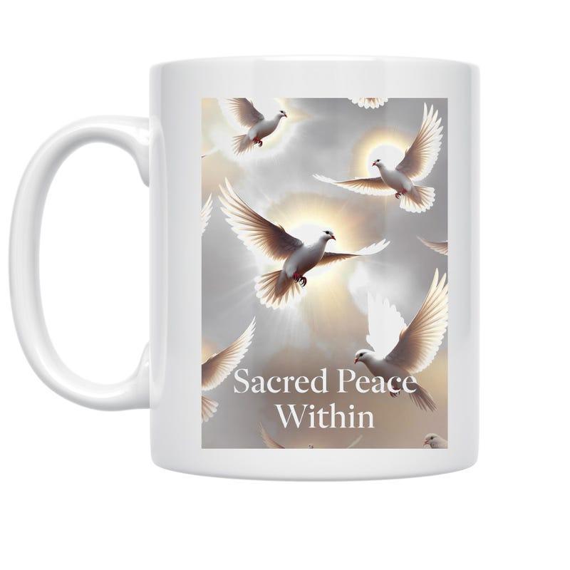 Tailorly White Ceramic 11 oz Mug - Sacred Peace Within Graceful White Birds Flying Through Soft Ethereal Rays Of Divine Light Dove