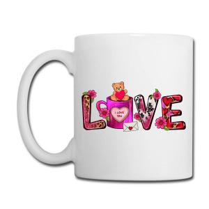 Tailorly White Ceramic 11 oz Mug - Love I Love You Adorable Bear Inside Pink Cup Among Floral Artistic Letters Teddy Bear