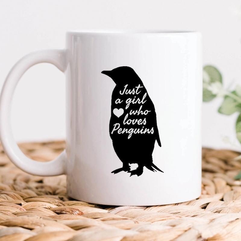 Tailorly White Ceramic 11 oz Mug - Just A Girl Who Loves Penguins Solid Black Silhouette Standing Gracefully With Heart Detail Minimalist Antarctic Flightless