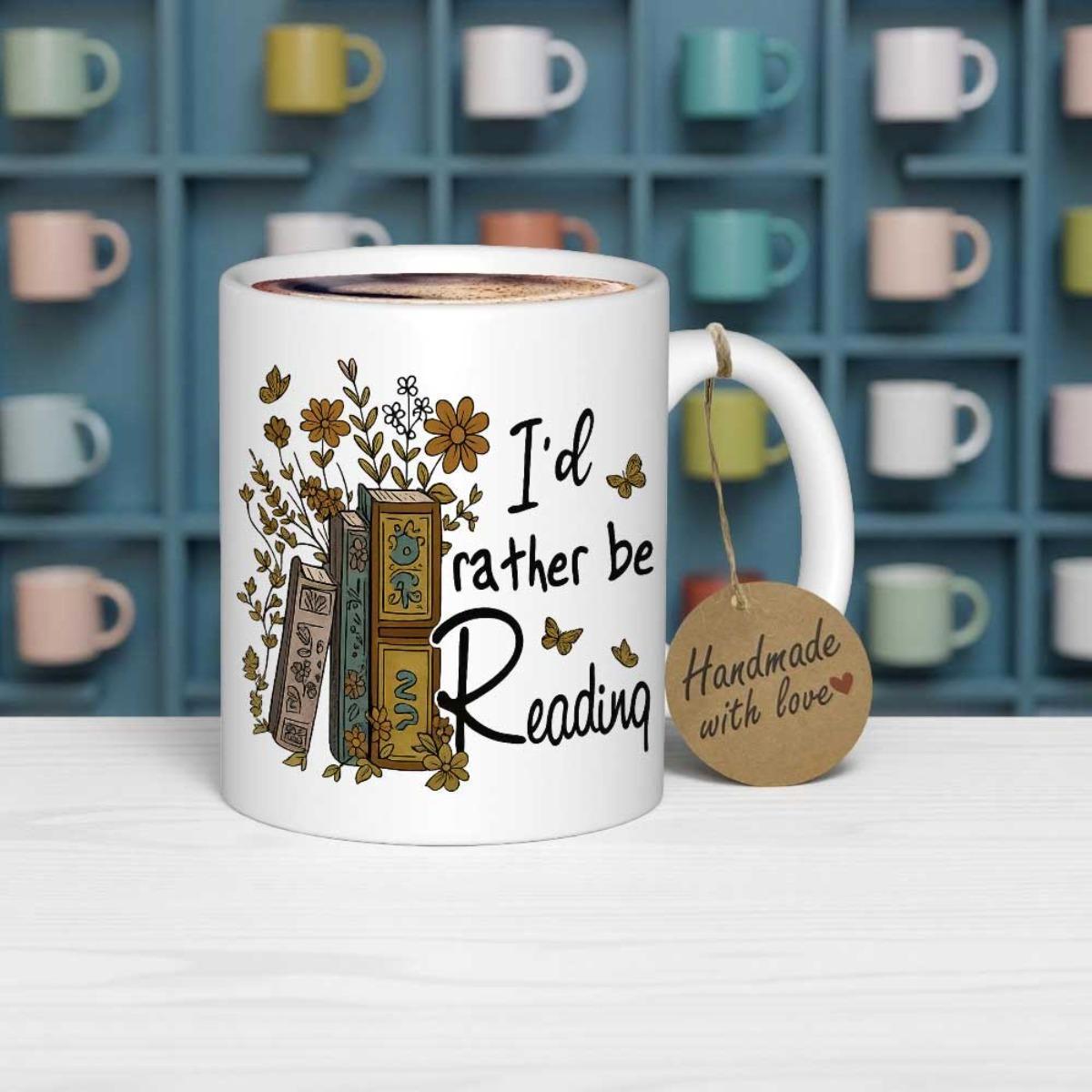 Tailorly White Ceramic 11 oz Mug - Id Rather Be Reading Vintage Style Floral Arrangement With Butterflies Fluttering Around Stacked Books