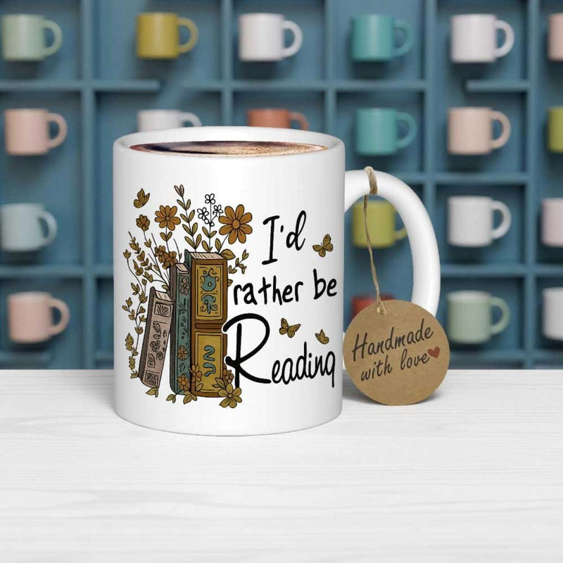 Tailorly White Ceramic 11 oz Mug - Id Rather Be Reading Vintage Style Floral Arrangement With Butterflies Fluttering Around Stacked Books