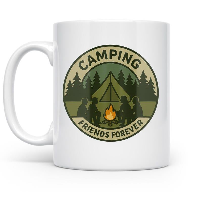 Tailorly White Ceramic 11 oz Mug - Camping Friends Forever Pine Trees Silhouetted Against Tent With Glowing Campfire And Friends Camping
