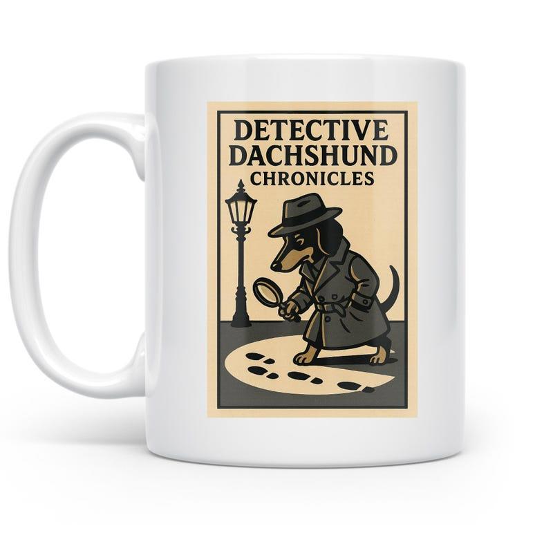 Tailorly White Ceramic 11 oz Mug - Detective Dachshund Chronicles Vintage Noir Style Investigating Under Victorian Street Lamp Post Dachshund