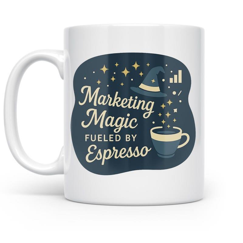 Tailorly White Ceramic 11 oz Mug - Marketing Magic Fueled By Espresso Whimsical Wizard Hat Hovering Over A Small Steaming Coffee Cup
