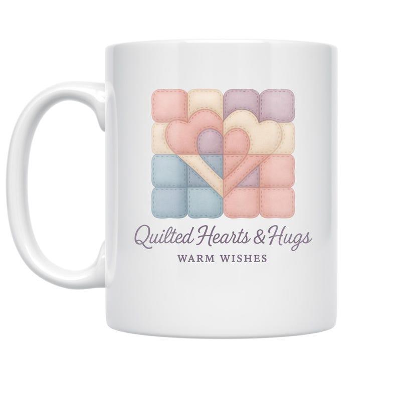 Tailorly White Ceramic 11 oz Mug - Quilted Hearts Hugs Warm Wishes Soft Pastel Colors In Quilted Pattern Forming Interlocking Three Dimensional Effect Heart