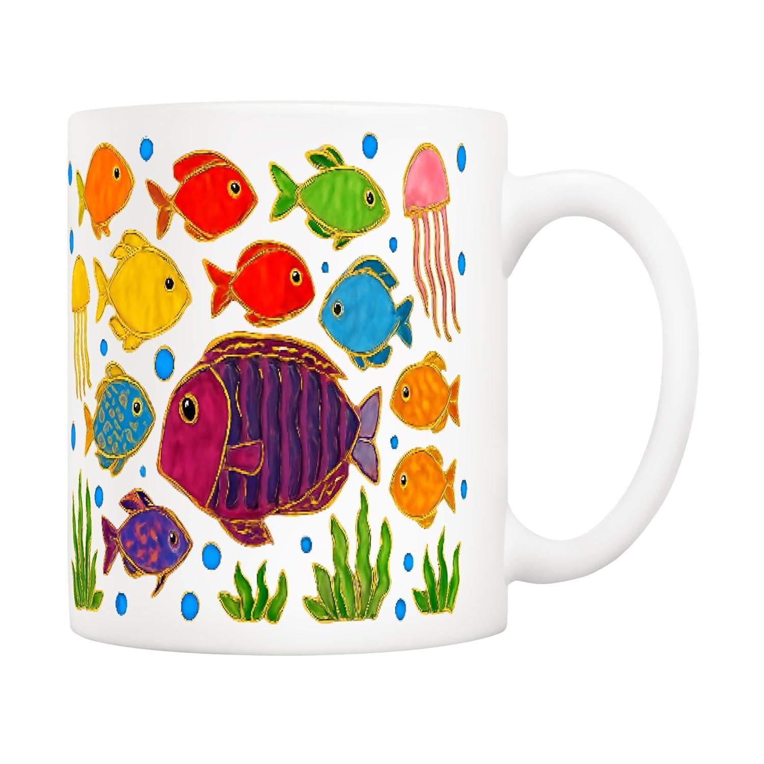 Tailorly White Ceramic 11 oz Mug - Vibrant Underwater Scene With Colorful Tropical Marine Life Swimming Seaweed Fish