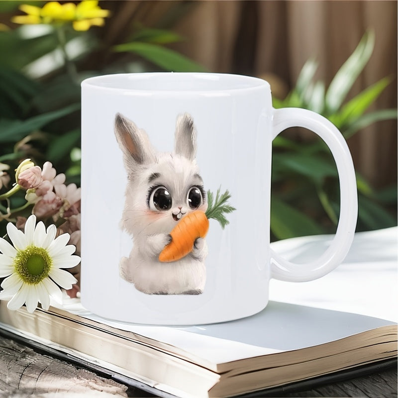 Tailorly White Ceramic 11 oz Mug - Adorable Fluffy White Bunny Eating A Fresh Orange Sweet Carrot Rabbit