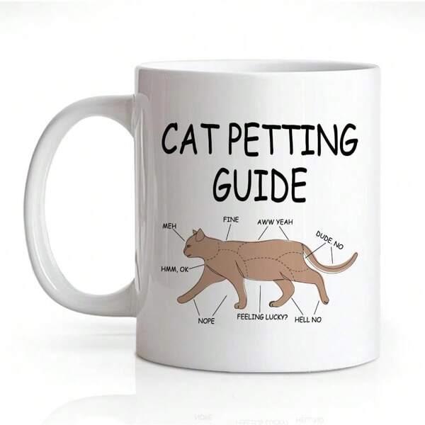 Tailorly White Ceramic 11 oz Mug - Cat Petting Guide Mew Fine Ohh Yeah Dude No Hmh Huh Feeling Lucky Hell No Minimalist Brown Feline Silhouette With Detailed