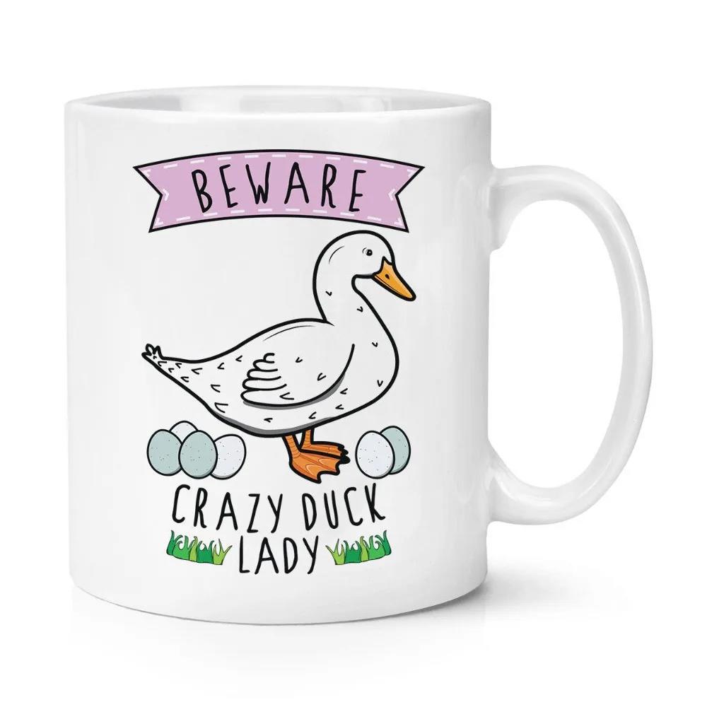 Tailorly White Ceramic 11 oz Mug - Beware Crazy Duck Lady Hand Drawn White Farmhouse Duck Standing Over Small Pastel Blue Eggs Duck