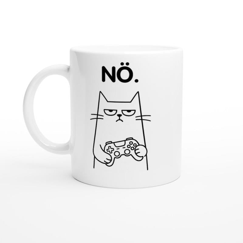 Tailorly White Ceramic 11 oz Mug - Simple Minimalist Line Art Drawing Of A Grumpy Gaming Feline Cat
