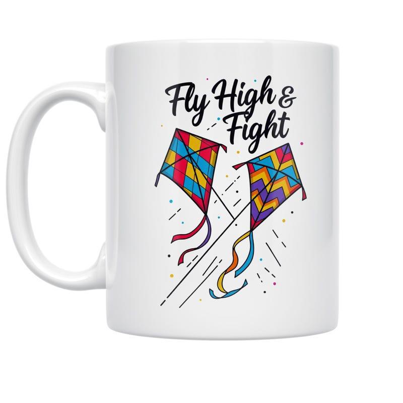 Tailorly White Ceramic 11 oz Mug - Fly High Fight Vibrant Colorful Geometric Patterned Kites Soaring High In Windy Sky Kite