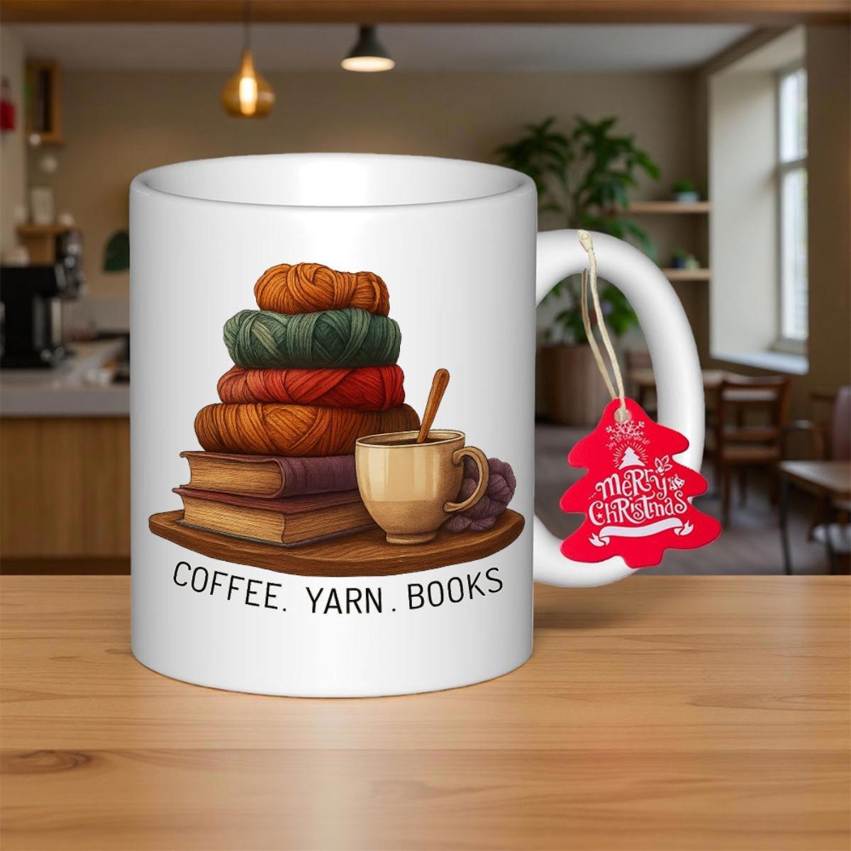 Tailorly White Ceramic 11 oz Mug - Coffee Yarn Books Cozy Colorful Wool Skeins Resting Upon Vintage Hardcover Books Stack