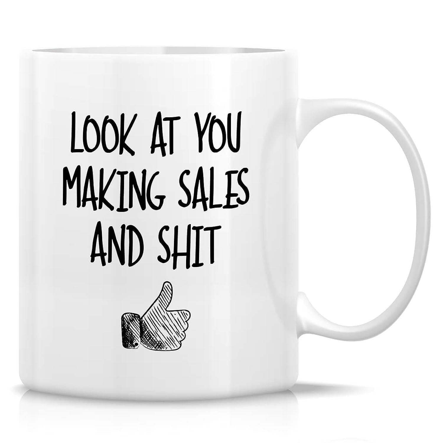 Tailorly White Ceramic 11 oz Mug - Look At You Making Sales And Shit Minimalist Black Ink Illustration Showing A Friendly Upward Pointing Hand