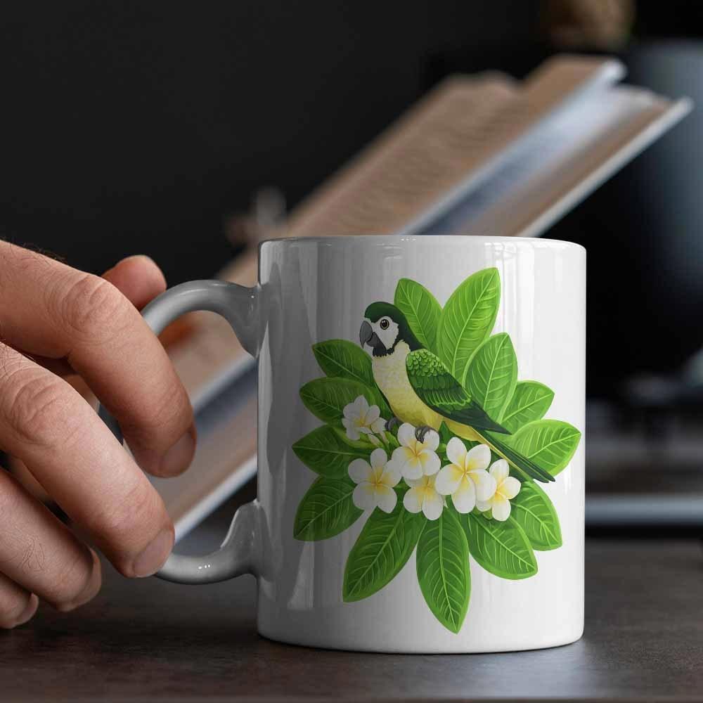 Tailorly White Ceramic 11 oz Mug - Vibrant Green Tropical Bird Perched Among White Plumeria Flowers And Leaves Parrot