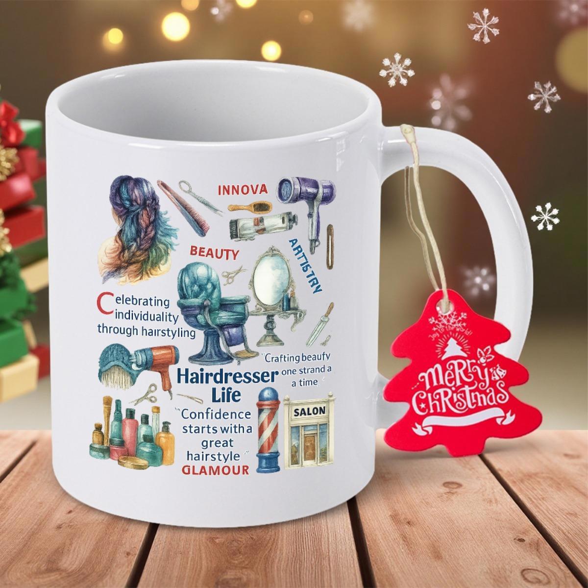 Tailorly White Ceramic 11 oz Mug - Hairdresser Life Beauty Glamour Artistic Salon Tools With Vibrant Hair Design And Classic Barber Pole Mug