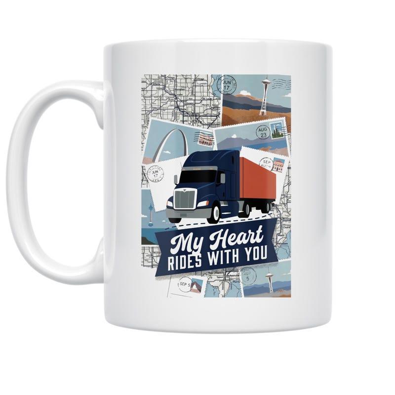 Tailorly White Ceramic 11 oz Mug - My Heart Rides With You Powerful Semi Truck Driving Across National Maps And Scenic Landmarks Truck