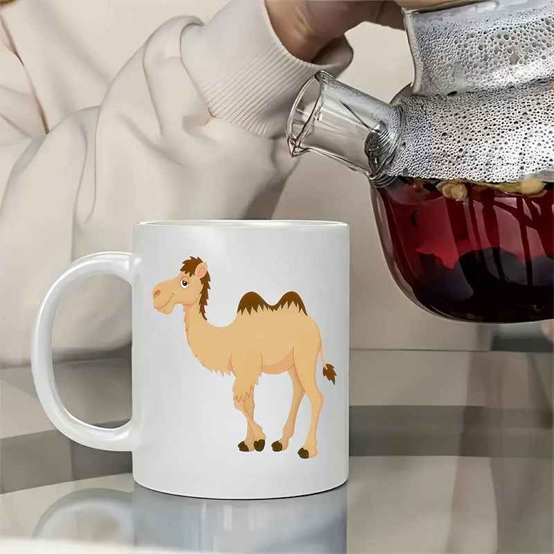 Tailorly White Ceramic 11 oz Mug - Friendly Cartoon Style Standing On Desert Sand Under Warm Sun Camel