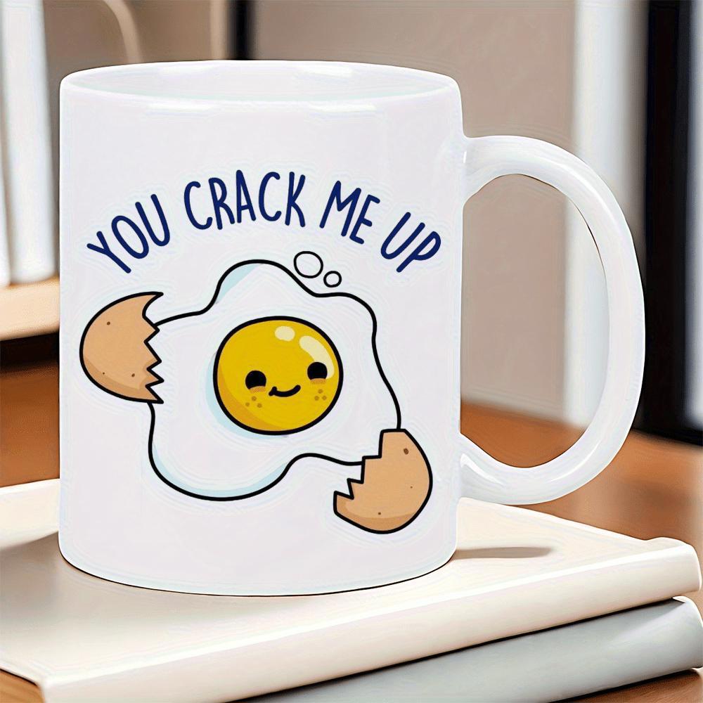 Tailorly White Ceramic 11 oz Mug - You Crack Me Up Cheerful Smiling Fried Egg Emerging From Broken Brown Shells Egg