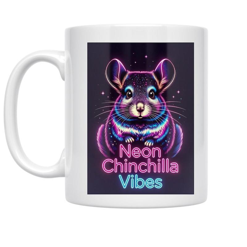 Tailorly White Ceramic 11 oz Mug - Neon Chinchilla Vibes Glowing Purple And Blue Neon Outlines On A Dark Background Featuring A Chinchilla