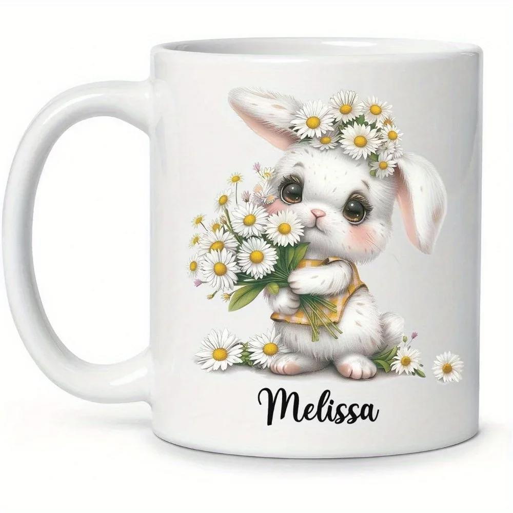 Tailorly White Ceramic 11 oz Mug - Melissa Charming Little White Rabbit Adorned With Wild Daisies Among Floral Blooms Rabbit