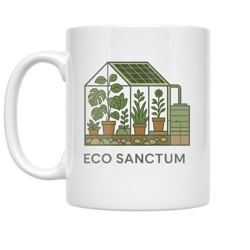 Tailorly White Ceramic 11 oz Mug - Eco Sanctum Lush Green Potted Plants Resting Inside A Glass Garden Greenhouse