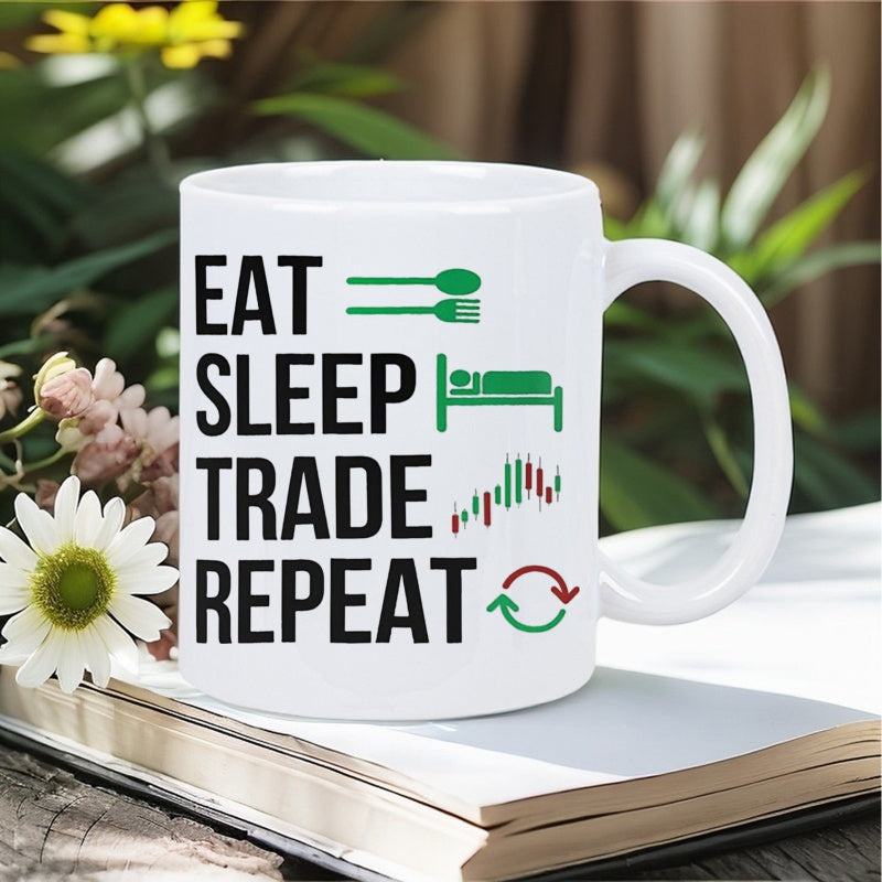 Tailorly White Ceramic 11 oz Mug - Eat Sleep Trade Repeat Minimalist Black Text With Stock Market Candlestick Icons Ceramic Mug