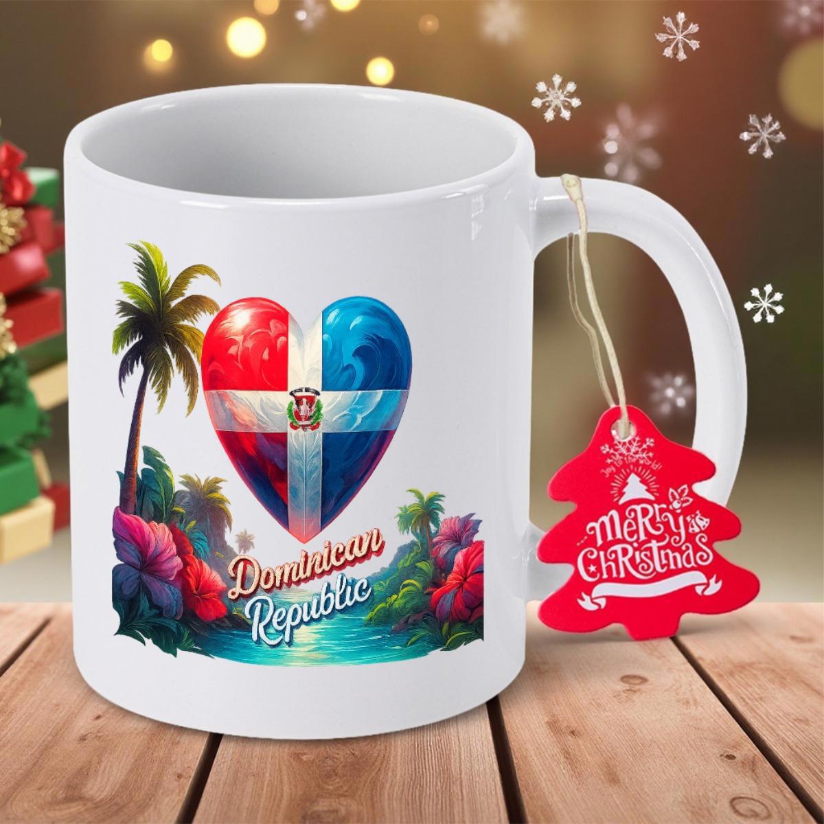 Tailorly White Ceramic 11 oz Mug - Dominican Republic Heart Shaped Flag With Tropical Palm Trees And Lush Exotic Flowers Mug