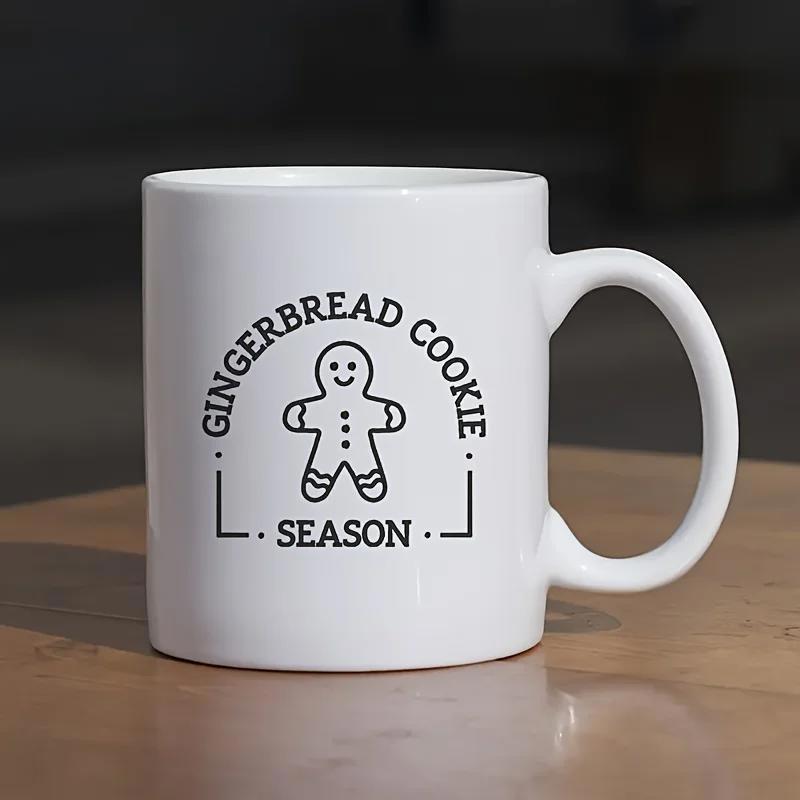 Tailorly White Ceramic 11 oz Mug - Gingerbread Cookie Season Cute Minimalist Hand Drawn Christmas Illustration Surrounded By Decorative Line Borders Gingerbread