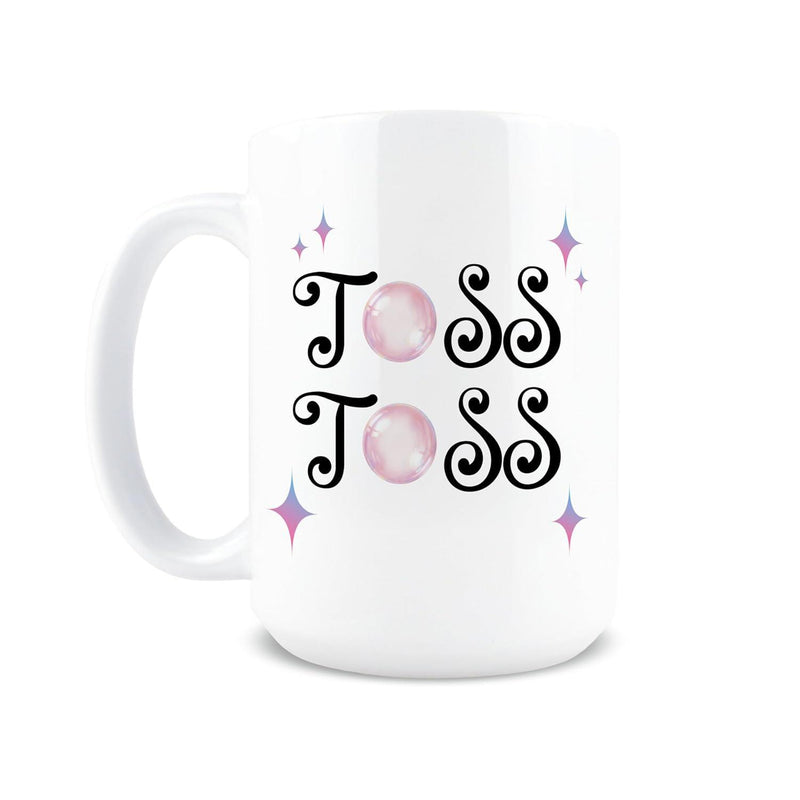 Tailorly White Ceramic 11 oz Mug - Toss Toss Floating Pink Bubbles With Twinkling Purple Stars And Swirly Font Mug