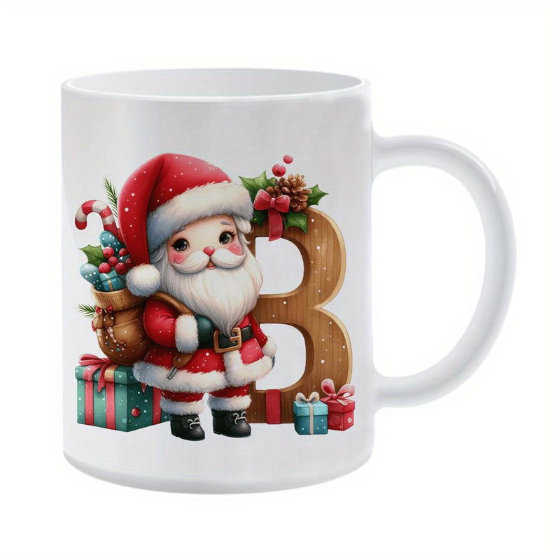 Tailorly White Ceramic 11 oz Mug - B Adorable Festive Character Standing Beside Large Wooden Alphabet Letter Among Christmas Gifts Santa