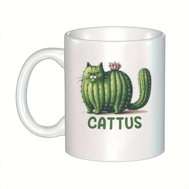 Tailorly White Ceramic 11 oz Mug - Cattus Whimsical Green Spiky Succulent Character With A Tiny Pink Flower Cat